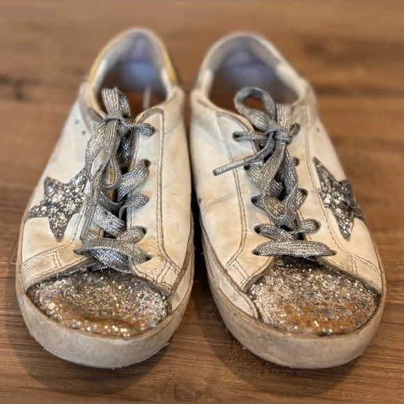 Golden Goose Superstar Glitter Sneakers – Silver/Gold Star | Size 10 | Girls - Picture 2 of 5